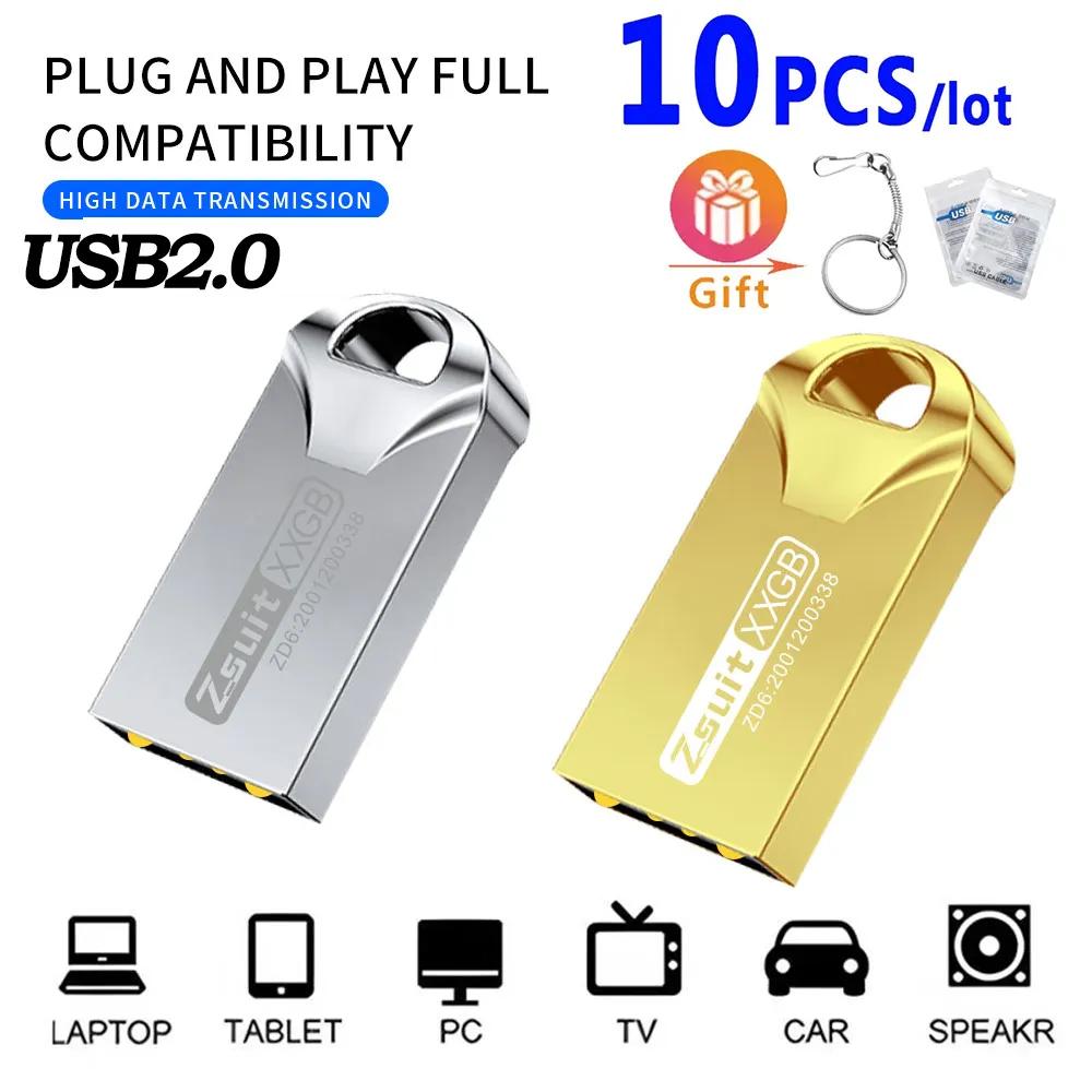 방수 금속 USB 플래시 드라이브, 펜드라이브 플래시 디스크, USB 메모리 스틱, 2.0 플래시 프리 로고 선물, 미니 U 디스크, 128GB, 64GB, 10 개